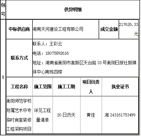 衡阳师范学校附属艺术中专临时食堂装修工程采购项目 中标（成交）公告