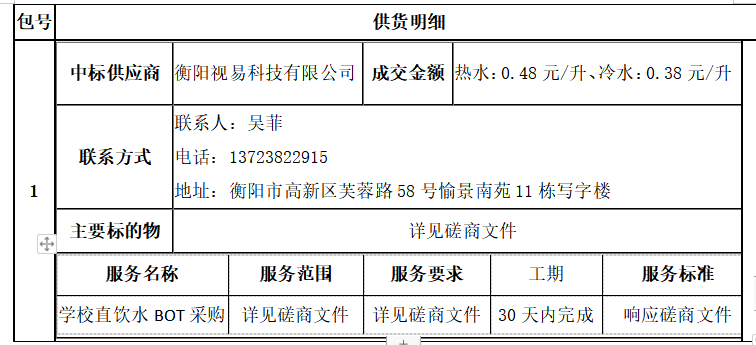 衡阳幼儿师范高等专科学校直饮水BOT采购项目成交公告